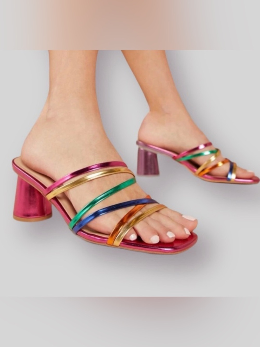 BAMBOO Multicolor Metallic Strappy Block Heel Sandals — Size 8.5
